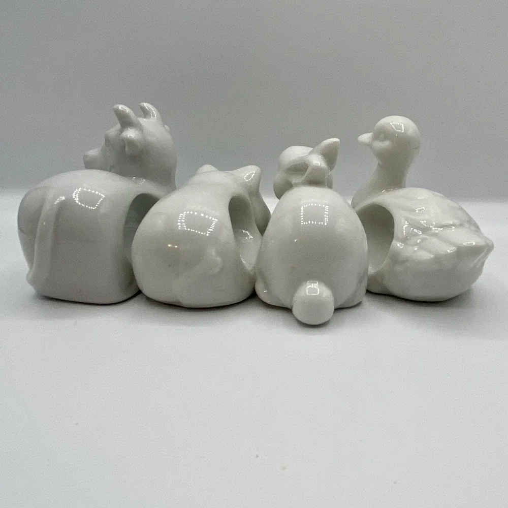 Vintage Japanese White Ceramic Napkin Rings Holders Set Of 4 Cow Pig Duck Rabbit